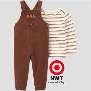 NWT Carter's Baby 2-Piece Thanksgiving Turkey Corduroy Overalls and Striped Shir